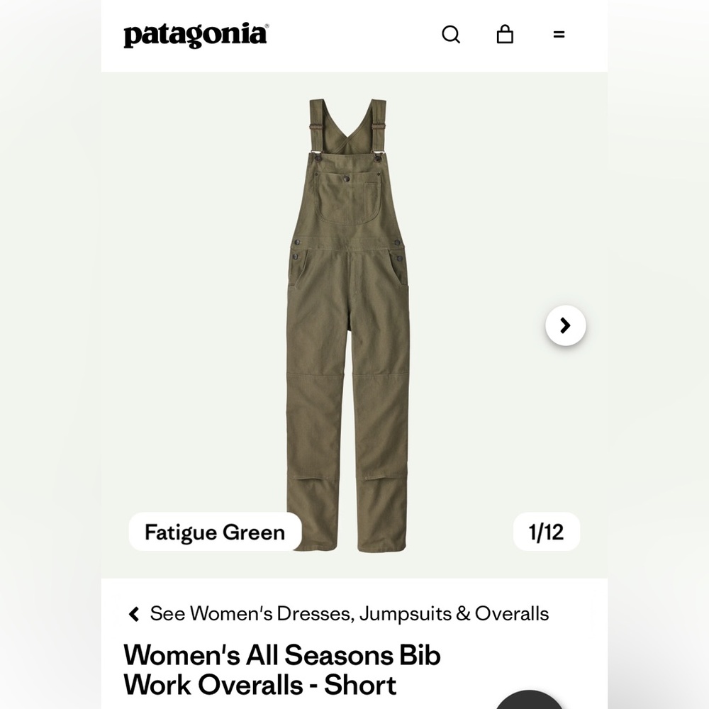Patagonia Women’s All-Season Bib. Green Overalls- short